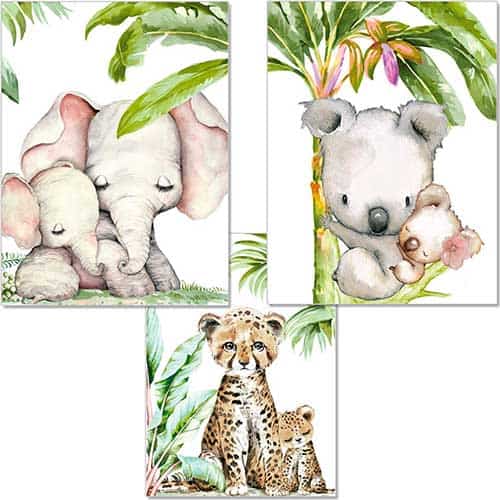 Cuadros con animales de la selva predominando los tonos verdes